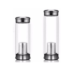 Garrafa de água de vidro de parede dupla para bebida de alta temperatura de 450ml personalizada garrafa de água de vidro para chá de folha solta